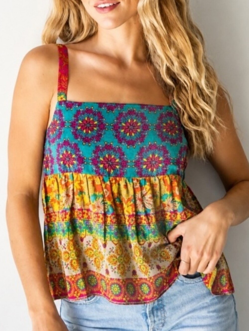 Natural Life Patricia Cami Floral Boho Top Smocked Colorful Tank Medium